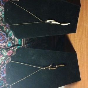 Gadzooks Two Antique Gold Triple Horn Necklaces in Brown & White